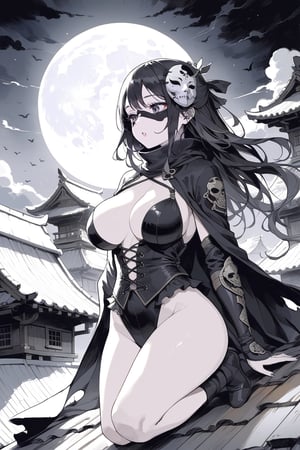 a magnificent woman with a dream body and voluptuous curves, she wears ninja clothing and her mouth is hidden by a mask. she is on the roof of a wooden house. it's a full moon.
dynamic scene, macabre atmosphere, masterpiece, best quality, aesthetic