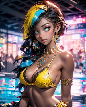 beautiful black skin woman, bandeau on breasts, (((intricate/epic/classy/fancy/shiny/colorful/yellow bikini))), gloss/jewels/earing, (((shiny/intricate/details/beautiful/cute/colorful eyes))), landscape, pool, swim
