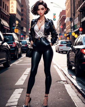 beautiful woman, middle breasts, detective, black jacket, white shirt, serious, short wavy hair, hands in pockets, looks to the sides, lipsticks, first button undone, neckline, black heeled shoes, street, inspector badge, rotating beacon lights, intense look, bright eyes, red eyes, ear piercings, classy, elegant, sensual, attractive, perfect, makeup, feminine, cute, sexy