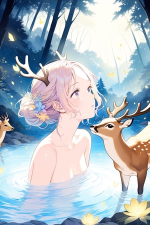 a beautiful woman takes a bath in a water spring in the middle of a forest filled with fireflies. only his upper body is out of the water. a deer looks in the forest. idyllic scene, filled with color and brilliant, masterpiece, very high quality, very detailed, pastel colors