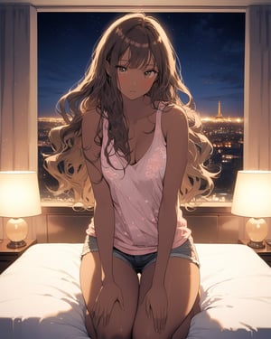 a gorgeous woman with a nice plump chest on her knees, she has mini shorts and a plunging tank top. she has brown skin and long hair, she blushes, a shy look. she is sensual. her buttocks are very round. she is on a bed in a hotel room. the lights are dimmed. heroic atmosphere. very detailed, masterpiece, play of light, depth of field, brilliant, colorful, magnificent