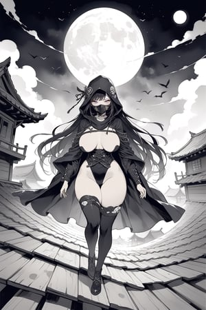 a magnificent woman with a dream body and voluptuous curves, she wears ninja clothing and her mouth is hidden by a mask. she is on the roof of a wooden house. it's a full moon.
dynamic scene, macabre atmosphere, masterpiece, best quality, aesthetic