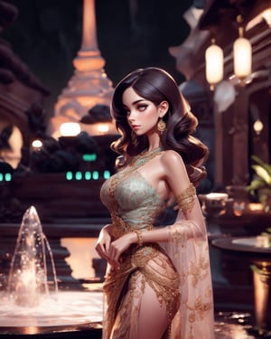 (1girl), beautiful/brown skin woman, classy/colored/long dress, side view, shiny necklace, jewels, lights, night, fountain, ,Thai Dress