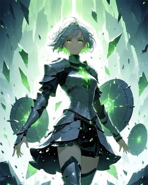 a beautiful woman in medieval armor, several shields levitate around her, short hair, glowing green eyes, medium chest, cute, fantasy background,blacklight,shards, battle_stance