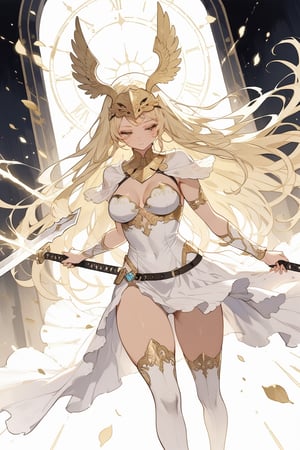 woman, valkyrie, long sword, gold long hair, mask_on_head, speed, powerful, beautiful, cute curves,  masterpiece,  best quality,  aesthetic