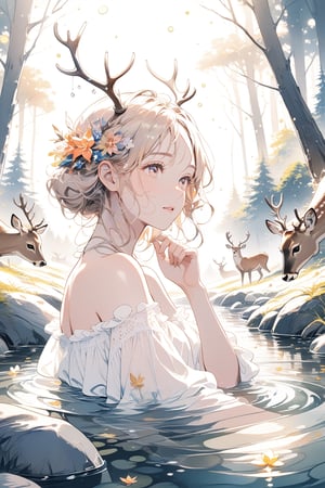 a beautiful woman takes a bath in a water spring in the middle of a forest filled with fireflies. only his upper body is out of the water. a deer looks in the forest. idyllic scene, filled with color and brilliant, masterpiece, very high quality, very detailed, pastel colors