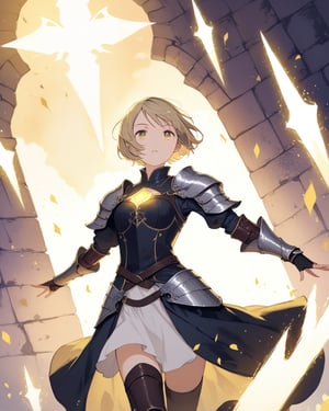 a beautiful woman in medieval armor, several shields levitate around her, short hair, glowing yellow eyes, medium chest, cute, fantasy background