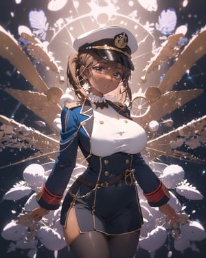 woman, big breasts, brown skin, military_uniform, white backgroung, colored fractal shape