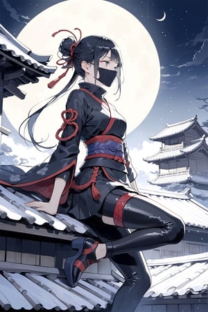 a magnificent shinobi woman, she wears ninja clothing and her mouth is hidden by a mask. she is on the roof of a wooden house. it's a full moon.
dynamic scene, shiny atmosphere, masterpiece, best quality, aesthetic