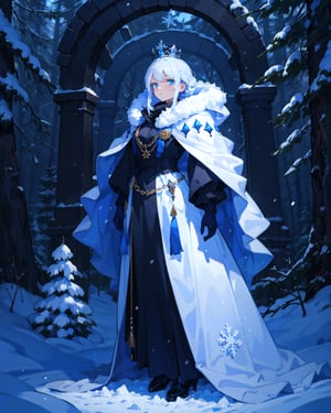 queen, winter, white forest, snowflakes, full body, crown, now storm