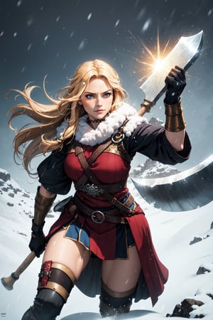 a viking woman in a viking outfit with a viking helmet in a snowstorm with a stern look with an axe in her hand, light effect, special effects, action position, front_view, tattoo on the face