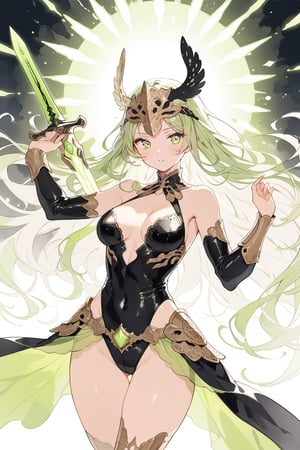 woman, mature, valkyrie, lime shiny sword, lime long hair, mask_on_head, speed, lime aura, powerful, beautiful, cute curves, masterpiece, best quality, aesthetic