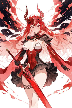 woman, mature, valkyrie, red shiny sword, red long hair, mask_on_head, speed, red aura, powerful, beautiful, cute curves, masterpiece, best quality, aesthetic