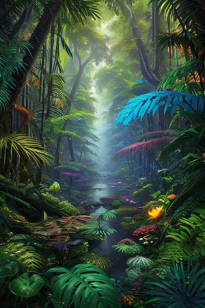 An amazon mystical forest, diversecolor flora, fantasy art,fantasy,  ray tracing 