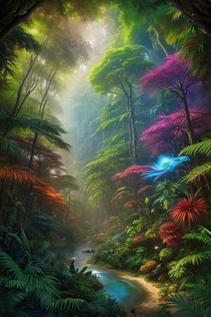 An amazon mystical forest valley, diverse color flora, fantasy art,fantasy,  ray tracing 