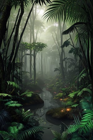 An amazon mystical forest, diverse black color flora, fantasy art,fantasy,  ray tracing 