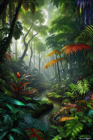 An amazon mystical forest, diversecolor flora, fantasy art,fantasy,  ray tracing 