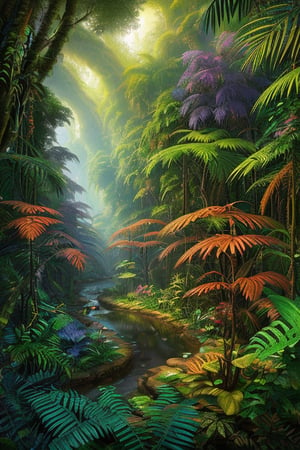 An amazon mystical forest valley, diverse color flora, fantasy art,fantasy,  ray tracing 