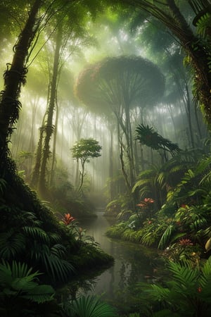 An amazon mystical forest, enchanted flora, fantasy art, fantasy,  ray tracing 