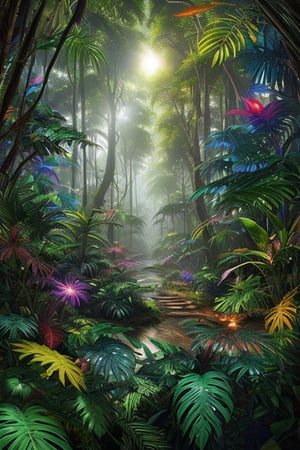 An amazon mystical forest, diversecolor flora, fantasy art,fantasy,  ray tracing 