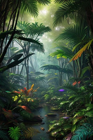 An amazon mystical forest, diversecolor flora, fantasy art,fantasy,  ray tracing 