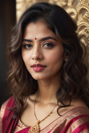 (best quality, highres, masterpiece:1.2), ultra-detailed, (realistic, photorealistic, photo-realistic:1.37), beautiful detailed eyes, beautiful detailed lips, extremely detailed eyes and face, long eyelashes, [silk saree], [curly hairs], [thin face], [Temple background], vivid colors, soft lighting, Indian traditional, portrait, subtle color palette, gentle shadows,