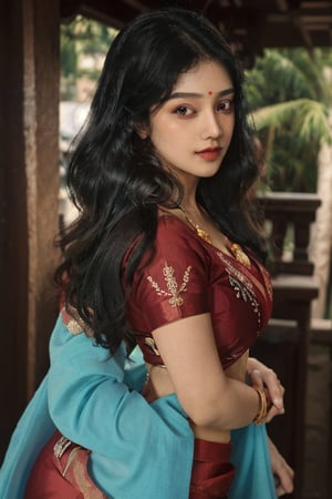 20 aged tamilnadu girl , curly black long hair , wearing red silk  saree , thick oval face , filled lips , temple , nomal breast , round ass , fit girl , wearing thin  jewels ,m4d4m,Indian,Anyageraldine