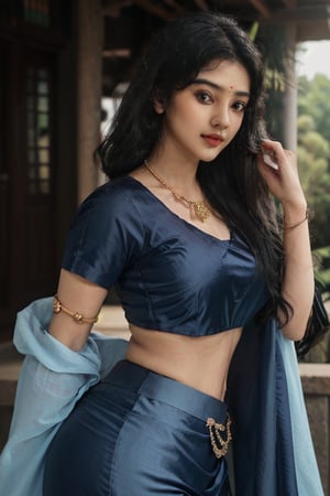 20 aged tamilnadu girl , curly black long hair , wearing blue silk  saree , thick square face , filled lips , temple , nomal breast , round ass , fit girl , wearing thin  jewels ,m4d4m,Indian,Anyageraldine