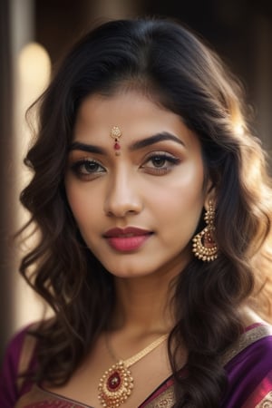 (best quality,highres,masterpiece:1.2),ultra-detailed,(realistic,photorealistic,photo-realistic:1.37),beautiful detailed eyes,beautiful detailed lips,extremely detailed eyes and face,long eyelashes,[silk saree],[curly hairs],[thin face],[Temple background],vivid colors,soft lighting,Indian traditional,portrait,subtle color palette,gentle shadows