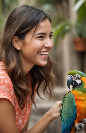 A girl engaged in cheerful conversation with a parrot, captured in high resolution for an authentic and lifelike portrayal, her face beaming with a big smile.