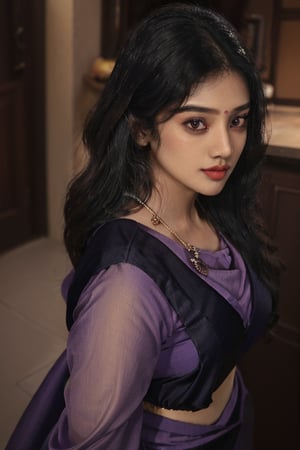 35 aged tamilnadu women , curly black long hair , wearing violet silk  saree , thick square face , filled lips , temple , nomal breast , round ass  , wearing thin  jewels ,m4d4m,Indian,Anyageraldine , saree wearing like traditional style,Btflindngds