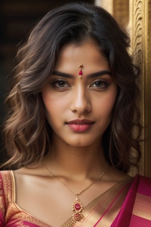 (best quality, highres, masterpiece:1.2), ultra-detailed, (realistic, photorealistic, photo-realistic:1.37), beautiful detailed eyes, beautiful detailed lips, extremely detailed eyes and face, long eyelashes, [silk saree], [curly hairs], [thin face], [Temple background], vivid colors, soft lighting, Indian traditional, portrait, subtle color palette, gentle shadows,