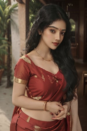 20 aged tamilnadu girl , curly black long hair , wearing red silk  saree , thick oval face , filled lips , temple , nomal breast , round ass , fit girl , wearing thin  jewels ,m4d4m,Indian,Anyageraldine