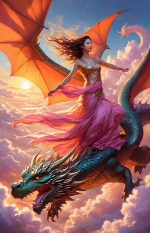 Create an illustration of a young girl flying on a majestic dragon. The girl has flowing hair and is wearing a flowing dress that flutters in the wind. The dragon is enormous, with gleaming scales, large wings, and a fierce yet kind expression. They are soaring high above the clouds, with the sun setting in the background, casting a warm, golden glow over the scene. The sky is a mix of vibrant oranges, pinks, and purples, and below them, you can see a lush, green landscape with forests and rivers.