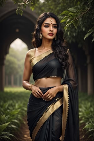 Beautiful woman, beautiful light, dramatic atmosphere, ultra quality,  stunning, intricately detailed dramatic image ,plant in hand ,transparency, subtlety, tamil type Makeup,  agriculture field backgroud, beautiful hands, detailed fingers,detailed eyes, black color saree , leonardo , cover with dress top to bottom 