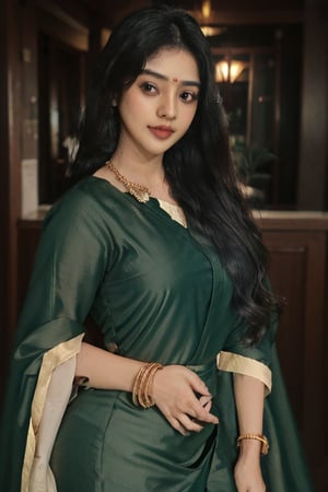 20 aged tamilnadu girl , curly black long hair , wearing green silk  saree , thick oval face , filled lips , temple , nomal breast , round ass , fit girl , wearing thin  jewels ,m4d4m,Indian,Anyageraldine