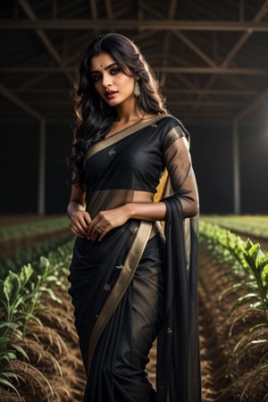 Beautiful woman, beautiful light, dramatic atmosphere, ultra quality,  stunning, intricately detailed dramatic image, working in agriculture field , transparency, subtlety, tamil type Makeup,  agriculture field backgroud, beautiful hands, detailed fingers,detailed eyes, black color saree , leonardo , cover with dress top to bottom 
