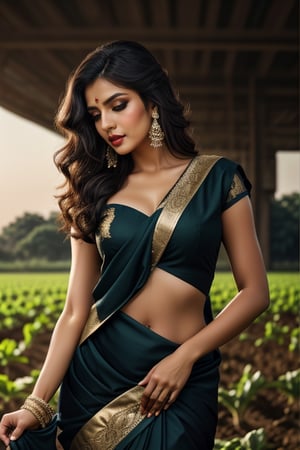 Beautiful woman, beautiful light, dramatic atmosphere, ultra quality,  stunning, intricately detailed dramatic image, working in agriculture field , transparency, subtlety, hindi type Makeup,  agriculture field backgroud, beautiful hands, detailed fingers,detailed eyes, black color saree , leonardo , cover with dress top to bottom 