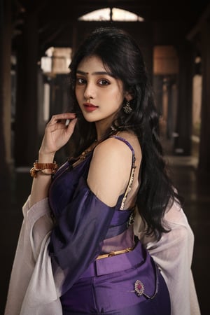 35 aged tamilnadu women , curly black long hair , wearing violet silk  saree , thick square face , filled lips , temple , nomal breast , round ass  , wearing thin  jewels ,m4d4m,Indian,Anyageraldine , saree wearing like traditional style,Btflindngds