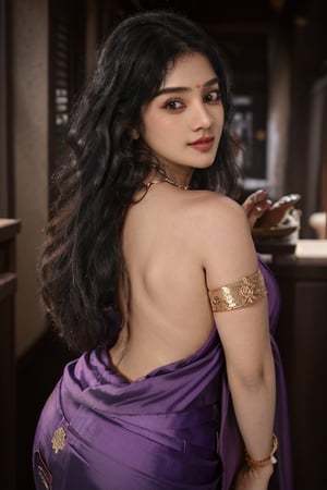 35 aged tamilnadu women , curly black long hair , wearing violet silk  saree , thick square face , filled lips , temple , nomal breast , round ass  , wearing thin  jewels ,m4d4m,Indian,Anyageraldine , saree wearing like traditional style,Btflindngds