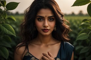 Beautiful woman, beautiful light, dramatic atmosphere, ultra quality,  stunning, intricately detailed dramatic image ,plant in hand ,transparency, subtlety, kerala type Makeup,  agriculture field backgroud, beautiful hands, detailed fingers,detailed eyes, black color saree , leonardo , cover with dress top to bottom 