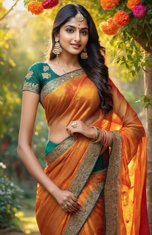 (best quality,4k,8k,highres,masterpiece:1.2),ultra-detailed,(realistic,photorealistic,photo-realistic:1.37), Indian girl with beautiful detailed eyes and lips, black hair, oval face, wearing fashionable eye glass, dressed in a colorful and elegant saree, dancing gracefully in a blooming garden, surrounded by vibrant flowers and tall trees, sunlight streaming through the leaves, casting a warm golden glow on her. The painting showcases a combination of realistic and artistic style, with vivid and saturated colors, capturing the essence of Indian culture and the joy of dance.