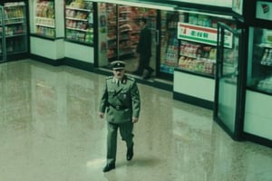 shot from cctv camera, glitch Noise, film scan texture, photo is clear, Accidentally photo found footage, hitler walking entering from front door 7eleven