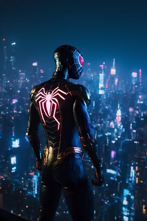 cyberpunk style suit, top of bulding, night city, Spiderman, watching city, cyperpunk style, neon lighting, buildings, cyborg style,HZ Steampunk,cyborg style,cyborg,Movie Still,Film Still