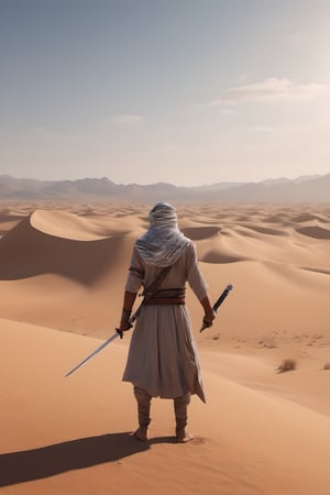 A photorealistic surreal image of a guy wearing a keffiyah holding a sword standing alone in the middle of dessert, minimalist photography, zoom out, 8k, unreal engine, masterpiece,detailmaster2