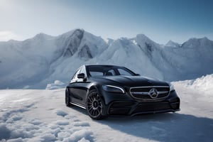 A photorealistic image of a black Mercedes Benz body kit, at the hill of ice mountain capture by Fujifilm x100, car photography, 8k, unreal engine, masterpiece,detailmaster2