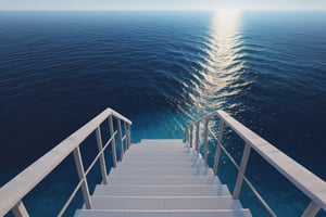 a stairs going down to the sea, blue sea,  masterpiece photography, morning, minimalist, 3d, blender, render,Enhanced All