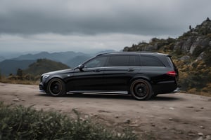 A photorealistic image of a black Mercedes Wagon body kit, at the hill of mountain capture by Fujifilm x100, car photography, 8k, unreal engine, masterpiece,detailmaster2