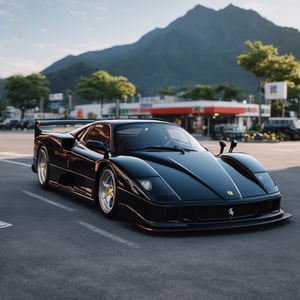 A photorealistic image of a black Ferrari Enzo F40 body kit sitting on a parking lot in front of a 7 Eleven and fuji mount, Japan, car photography, 8k, unreal engine, masterpiece,detailmaster2