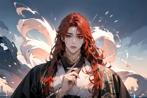 1 man, ((red hair)), long hair, brown eyes, handsome, angular jaw, thick neck, hanfu, long sleeve, masterpiece, full_body_shot, mist and fog, smokey swirls, Chinese style , Tanned skin